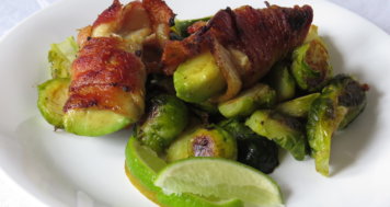 Bacon Wrapped Avocado over Roasted Brussels Sprouts