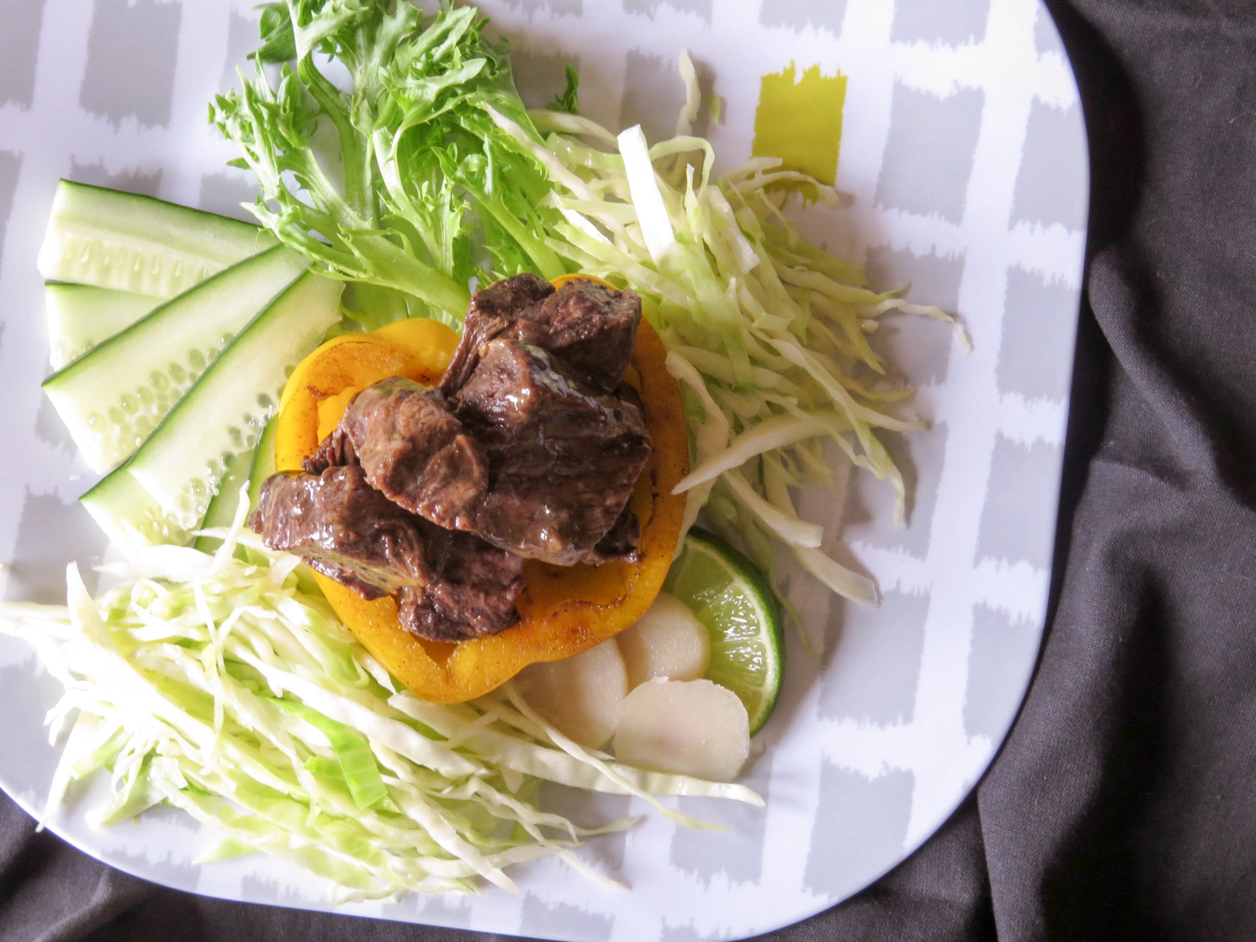 Balsamic-Beef-in-Yellow-Pepper-Bowl-with-SautÇed-Cabbage