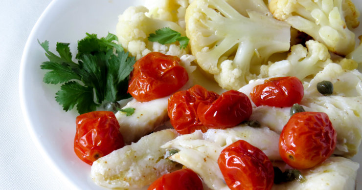 Cod with Roasted Tomatoes, Capers and Cauliflower
