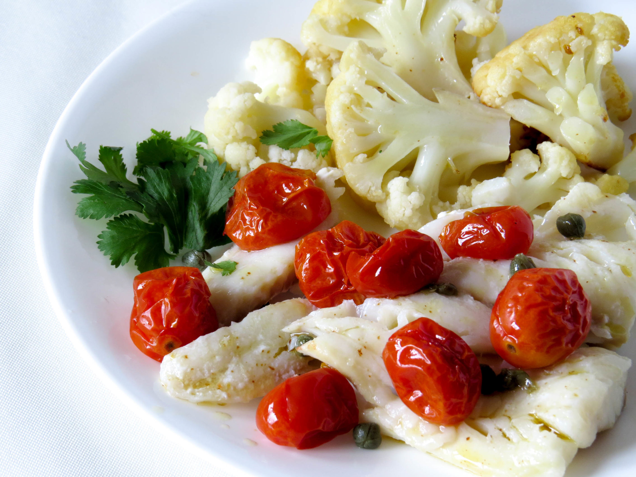 Cod with Roasted Tomatoes, Capers and Cauliflower David Perlmutter M.D.