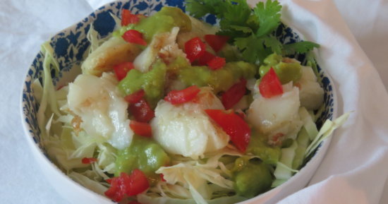 Sea Bass Cabbage Salad with Avocado Cream